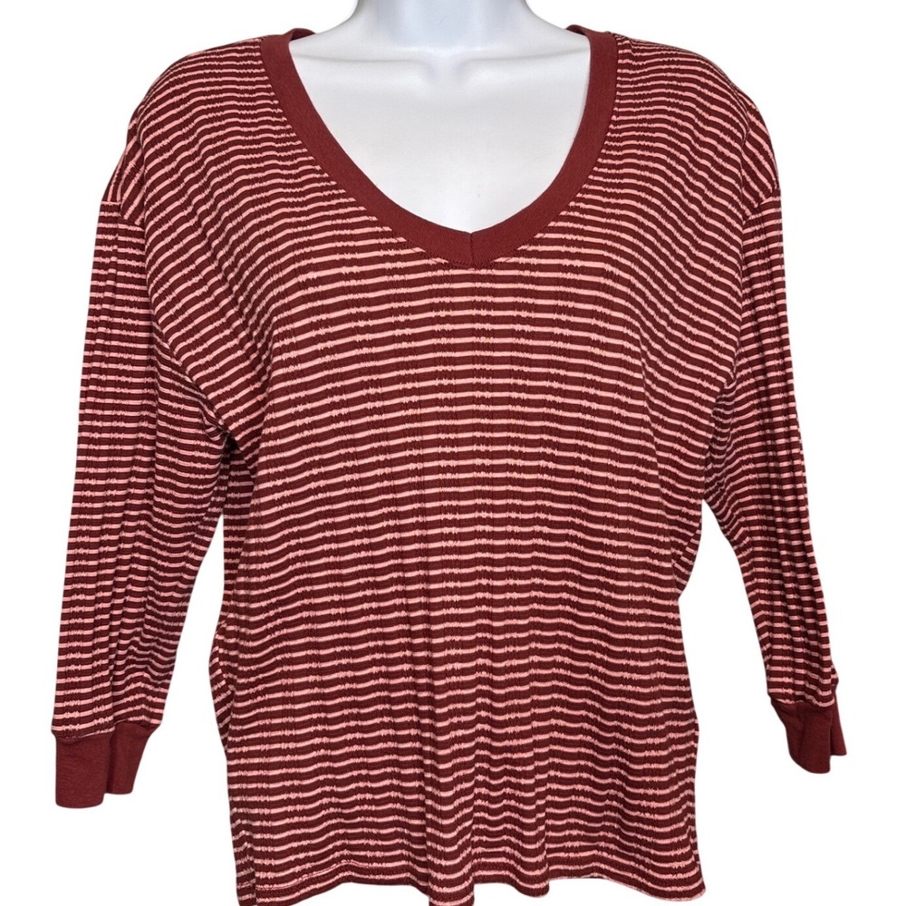 Anthropologie Womens‎ Burgundy Pink Striped V Neck Top Size XS Long Sleeve